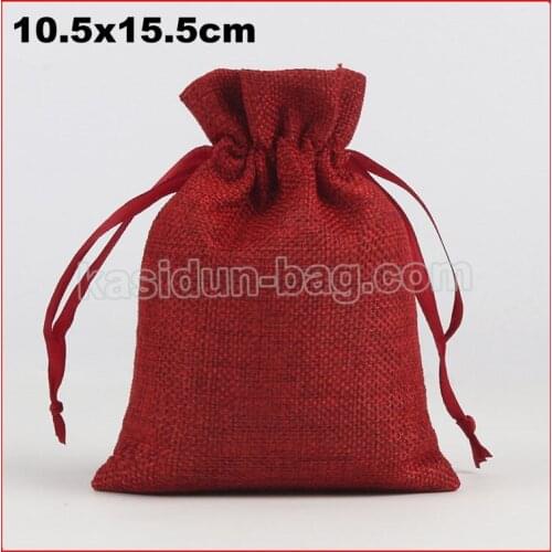 100pcs/lot size 10.5x15.5cm small wine red linen jute drawstring bag for wedding gift packaging