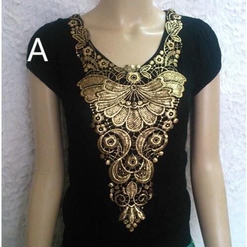 2 Piece/Lot Gold Color Embroidered Lace Trim Flower Patch DIY Clothing Accessories Collar lace Fabric