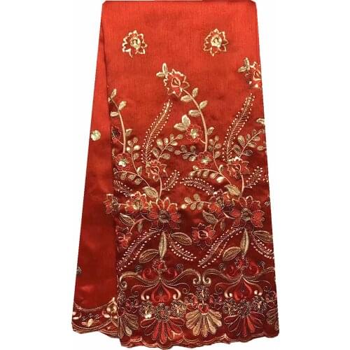 5 Yards Latest Party Embroideried Red George Lace Fabric Gold Sequins African Wedding Bridal Dress Raw Silk Material KRL-92201