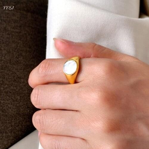 White shell round signet rings for women stainless steel gold stackable rings vintage minimalist simlpe jewelry dropship 2021