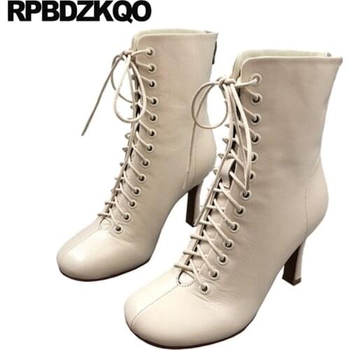 High Heel Square Toe Chunky Fur Women Designer Short Shoes Winter 2021 Block Beige Thick Front Lace Up Casual Ankle Boots Autumn