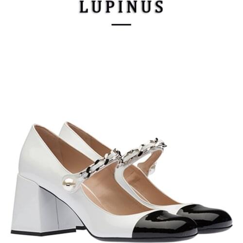 Spring/Autumn Patent Leather Mary Jane Shoes Women Pearl Buckle Metal Chain Chunky High Heels Women Fashion Party Wedding Shoes