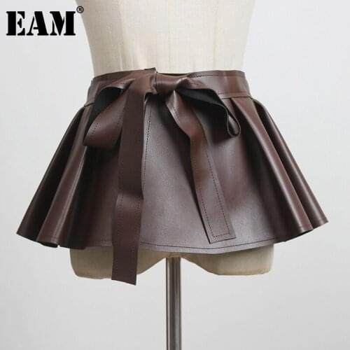 [EAM] Flounced Black Bandage Pu Leather Wide Belt Personality Women New Fashion Tide All-match Spring Autumn 2021 1DD3055