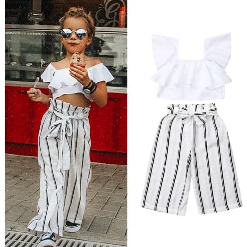 2-7Y Kids Baby Girls Clothes Set 2021 Summer Children Ruffle Crop Tops + Stripe Pants Fashion Girls Outfits