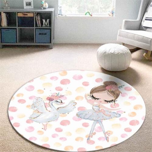 Nordic Pink Dancing Girl Cartoon Round Kids Rug Bedside Mat For Girls Bedroom Decoration Tent Carpet Play Mat Soft Washable