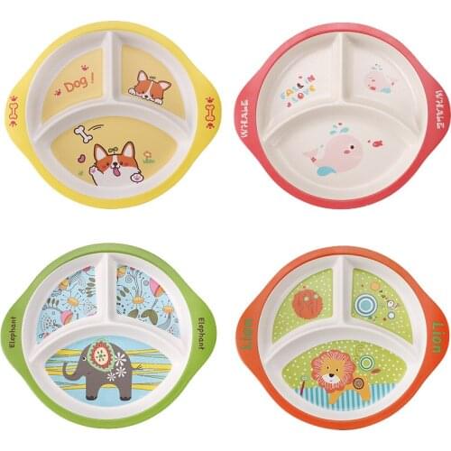 Cute Cartoon Eco-Friendly Bamboo Fiber Childrens Dinner Plate Household Kindergarten Baby Eating Round Grid Plate