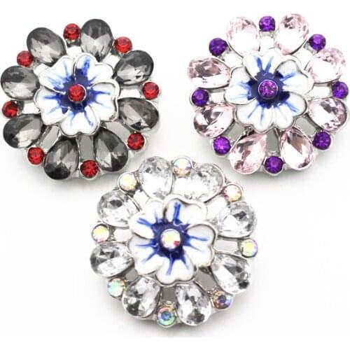 Mixs 3pcs/lot 3 Colors New Snap Button Jewelry Enamel Flower Crystal Snap Charms Fit 18mm Ginger DIY Snap Button Bracelet