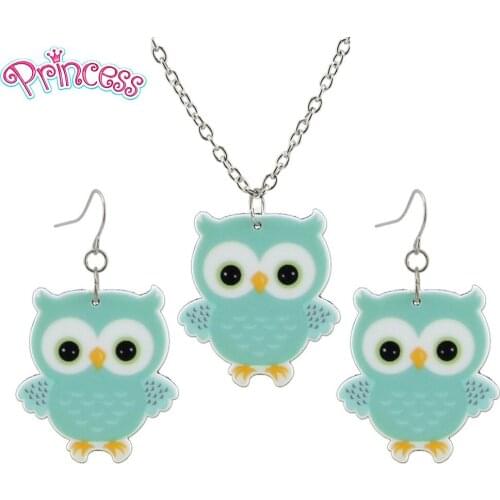 2019 Fashion Girls Kids Little Green Owl Earring Pendant Short Chain Necklace Free Shipping Xma Gift Wholesale KS195-B