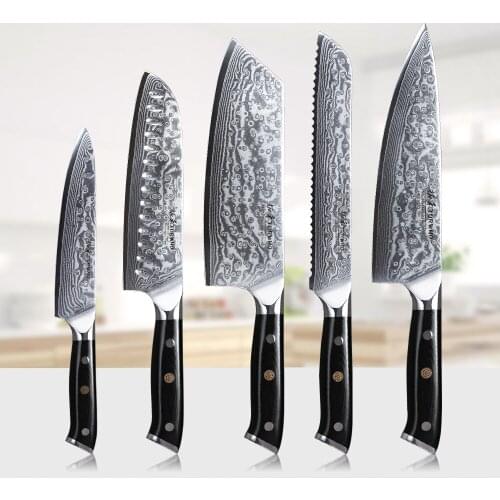 TURWHO 5 Pcs Kitchen Knife Set Japanese Damascus Steel Super Sharp Chef Santoku Bread Slicing Utility Knives Sets Cooking tools