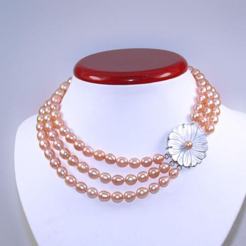 Natural 3strand 7-8mm rice pink freshwater cultured pearl necklace long 43-48cm