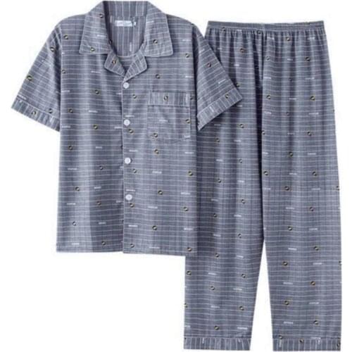 Mens Summer Short-sleeved Pajamas Set Fashion Print Single-breasted Lapel Top and Elastic Waist Trousers Casual Two Pieces Sets