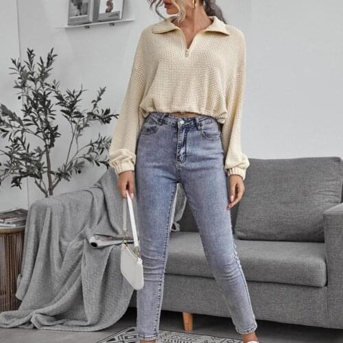 Popular Cropped Pullover Knitted Solid Color All Match Women Lapel Drawstring Waist Tied Shirt Sweater Streetwear for Daily Wear