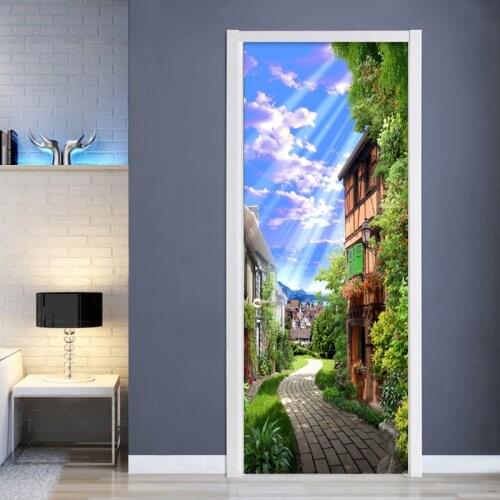 PVC Self-Adhesive Waterproof Door Sticker 3D Town Street Wallpaper Living Room Kitchen Wall Decals Vinyl Door Mural Home Poster