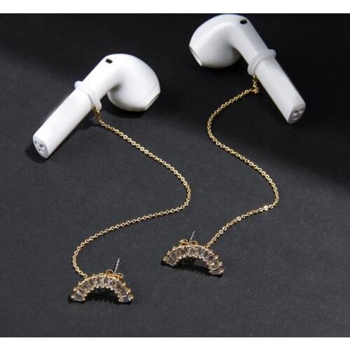 Women AAA Zircon Rhinestone Geometric Shape Copper Long Chain Drop Stud Earring Wireless Earphone Anti Lost for Apple Airpods