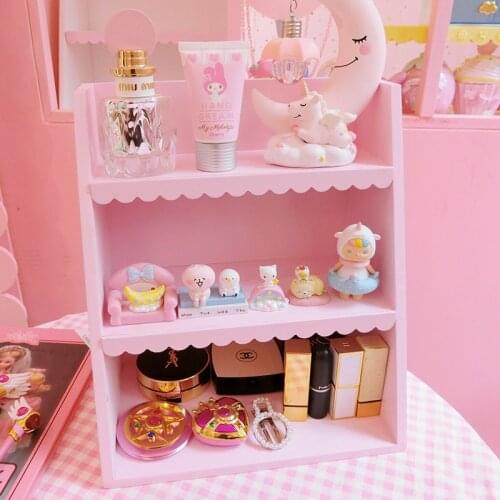 Nordic Wooden Storage Rack 3 Floors Pink Shelf Cosmetics Organizer Home Decoration Girl Student Bedroom Display Cabinet Crafts