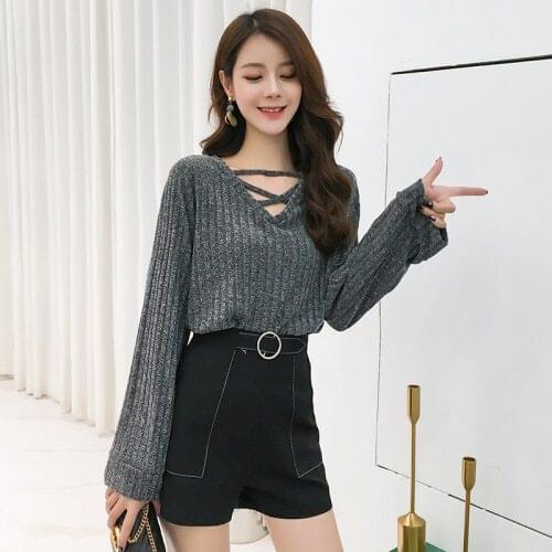 TingYiLi Bandage V-Neck T-shirt Two Sides Wear Long Sleeve Tops Women Korean Style Gray Knitted Shirt