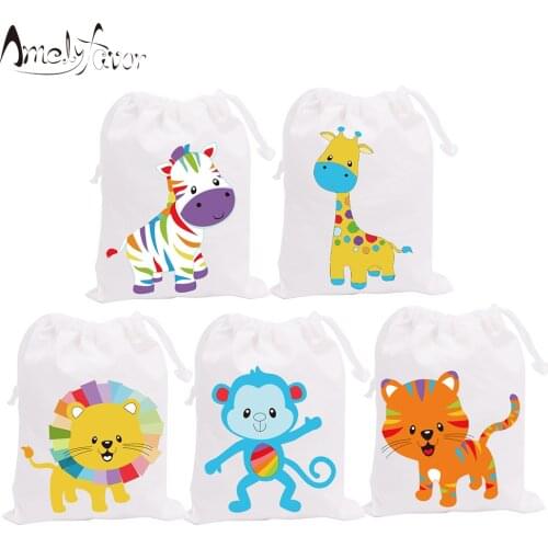 Safari Rainbow Animal Theme Party Favor Bags Candy Bags Vacation Birthday Gift Bags Animals Party Decorations Supplies 5PCS