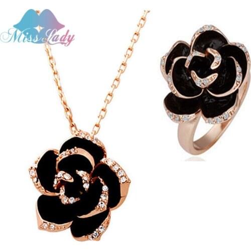 Miss Lady Rhinestone Crystal Vintage Rose flower Gold color Jewelry Sets with necklace earring Jewelry for women MLZ1223-2