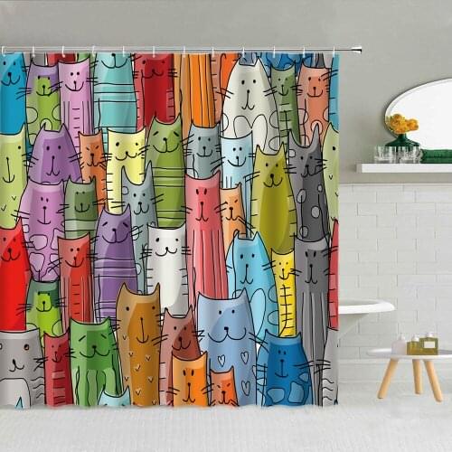 Cute Cartoons Animals Child Shower Curtain Pet Cat Penguin Zebra Bathroom Decor Hooks Curtains Set Kids Waterproof Bath Screen