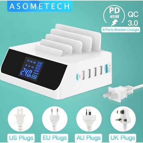 PD 45W QC3.0 USB Phone Charger USB Type C Fast Charging Station Hub with Phone Stand Holder Quick Charge Bracket Charger Adapter