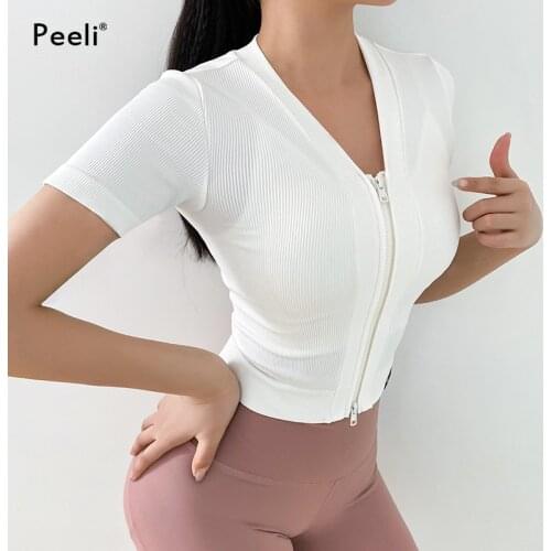 Woman Short Sleeve Shirts Yoga Zipper Sports T Shirt Fitness Womens Gym Running Tops Tight Workout Gym Tees Training Jerseys