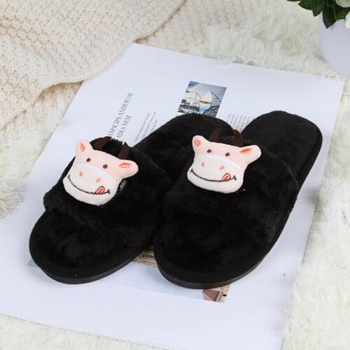 Ginchasio Women Slippers Faux Fur Fluffy Winter Short Plush Cartoon Cow Green Color Cow Animals Fuzzy Cozy Home Furry Slippers