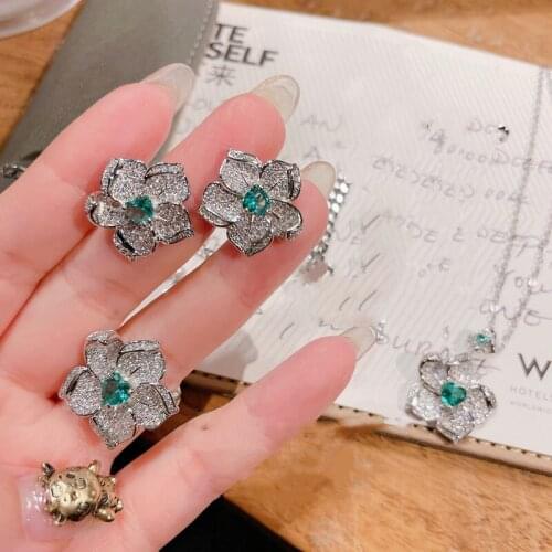 Jewelry Sets for Women Wedding Bridal Elegant Flower Shaped 925 Silver Party Jewelry Shiny Cubic Zirconia Ring+Earring+Necklace