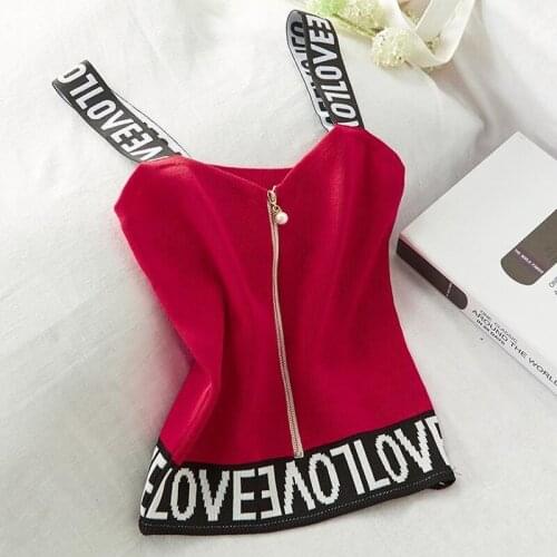 Zipper Summer Women Cotton Knitted Tops Camis Sexy Sleeveless Tank Top Letter Print Crop Tops