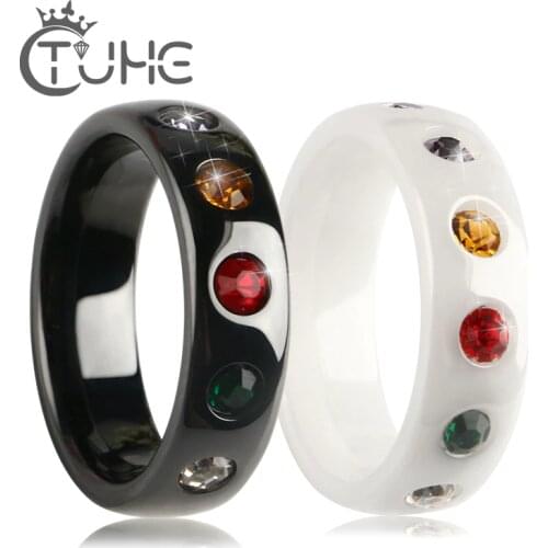 7 Chakra Colorful Rings For Women Bling Colorful Crystal Black White Ceramic Rings Conspicuous Personality Jewelry Party Gift