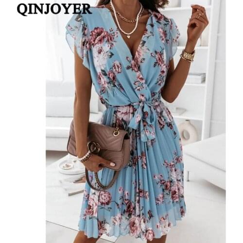 QINJOYER Summer Women Floal A-Line Dress Sweet Elegant Floral Ruffles V-neck Bandage Short Dress for Lady Chic Mini Dress