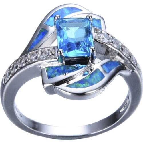 Wholesale Fashion Blue Rectangular Zircon Temperament Ladies Banquet Geometric Ring for Women Wedding Jewlery