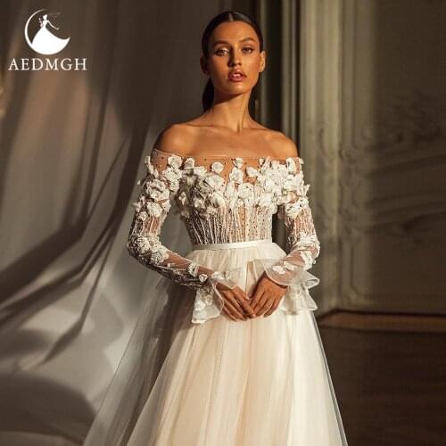 Aedmgh Romantic 3D Flowers Wedding Dresses 2021 Boat Neck Long Sleeve Robe De Mariee Beaded Sequined Appliques Vestido De Novia