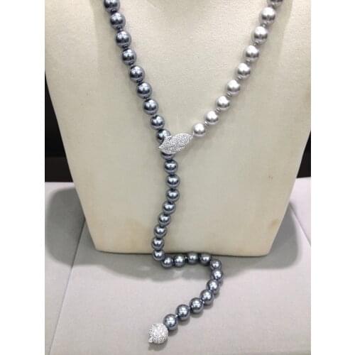 10MM Grey Long Necklace Shell Pearl Neckalce Fashion Jewelry Long or short necklace Imitation pearl Free Shipping leaf clasp