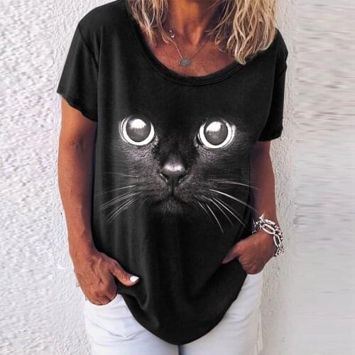 2021 Summer V Neck Cartoon Black Cat Kawaii Women T-Shirt Fashion Pullover Solid Color Short Sleeve Loose Tops
