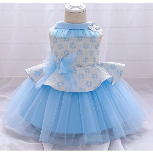 2021 New Children Clothes Dress Blue Tulle Flower Girl Wedding Party Evening Dress Print Girl Princess Dress For 1-5 Years Old