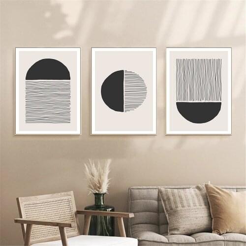 Abstract Geometric Wall Art Canvas Painting Sun Moon River Landscape Poster Black Beige Line Print Mid Century Poster Home Decor