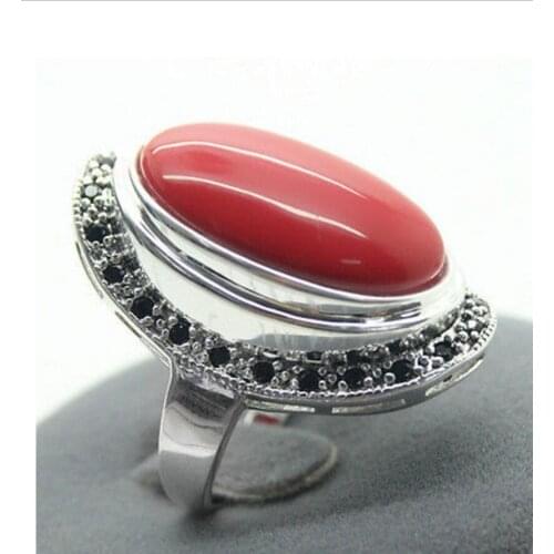 Free Shipping wholesale good 17X30mm Red Coral 925 Sterling Silver Marcasite Ring Size 7/8/9/10# Genuine men silver Jewelry goo