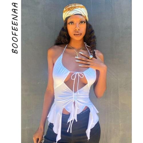 BOOFEENAA Sexy Hollow Out Halter Tops 2000s Fashion White Cropped Tank Top Y2k T Shirts Wholesale Women Clothing C96-AG11