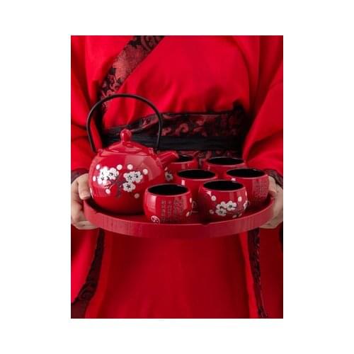 Ceramic Plum Tea Set Creative Red Teacup Pot Chinese Style Wedding Gift Dowry Teaware Cold Water Bottle Kung Fu Black Tea Set
