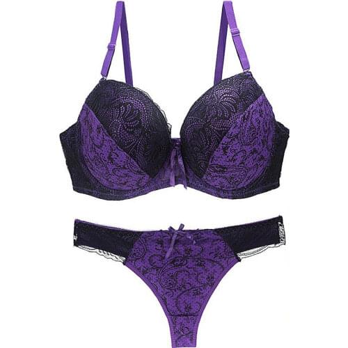 YANDW Gather Purple Bras Women Underwear Set Cotton Brassiere Deep V Push Up Bra Sets Sexy Embroidery Lace Lingerie Plus Size