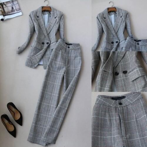 Fashionable Women Autumn Winter Faux Wool Suit Blazer and Wide Leg Pants OL Ladies Work Clothing Set