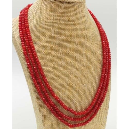 Pretty! 2X4MM Natural Red Ruby Gemstone Faceted Abacus Beads 3 Row Necklace