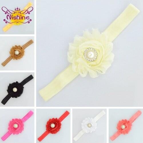 Nishine Boutique Pearl Rhinestone Chiffon Flower Infant Headband Solid Color Handmade Floral Hairband Baby Girl Elastic Headwear