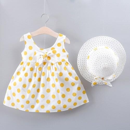 New Baby Girl Clothes Dress+sun Hat Beach Dot Printed Cute bow Summer Cotton Princess Children Kids BABY Ball Gown Dress