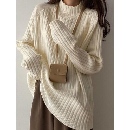 Autumn And Winter New Versatile Lazy Half High Collar Pullover Sweater Womens Korean Loose Thickened Knitted Top
