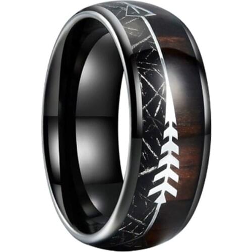 New Arrival 8MM Black Men Tungsten Ring Wedding Band with Arrow Wood and Black Meteorite Inlay Comfort Fit Jewelry Size 7-14