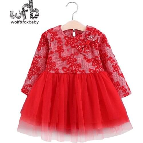 Retail 0-3 years childrens girls long-sleeved pearl bow thread yarn hollow dress spring fall autumn
