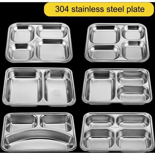 304 Stainless Steel Rectangle Shape Dining Plate Sub Grid Childrens Dining Plate Household Separated Lunch Box