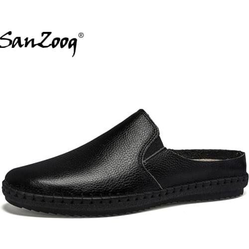 Slip-on Leather Casual Half Shoes For Men Slip-ons Summer Fashion Low Moccasins Man Solid Black White Soft Big Size Dropshipping