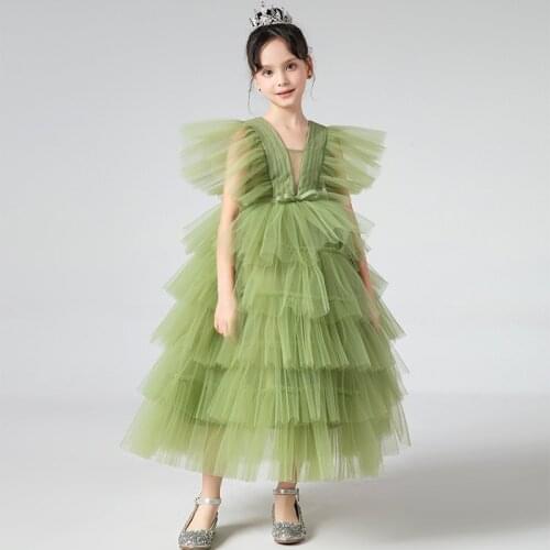 Tulle Gowns for Girls Wedding Long Green White Pink Flower Girl Ball Gown Tiered Fluffy 5 Layers Pageant Party Formal Dresses